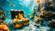 Ancient chest lies on sandy bottom of sea. Gold dishes are visible in chest, Colorful fish swim around chest. Blue water, algae, corals, rays of sun through water illuminate gold dishes and they shine