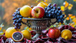 Still life, fruits. Red apples, oranges, violet grapes in antique silver vase, on table with tablecloth. Half lemon. Background of blurred fabric. Close-up.