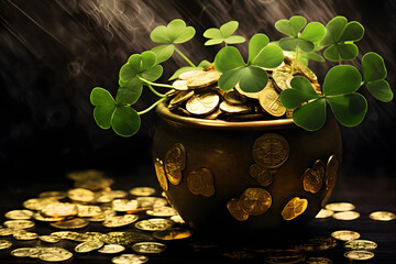 Wall Mural - Celebrate St. Patrick's Day with flair using a captivating digital creation featuring a black pot filled with shimmering gold Generative AI,