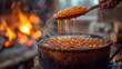 A maple syrup artisan carefully skimming impurities off the surface of a boiling pot of sap, using a wooden paddle, against the backdrop of a roaring fire and billowing clouds of s