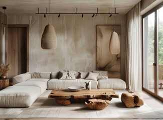 Wall Mural - Minimalist living room features soft lighting, a large wooden coffee table, and a neutral color palette of beige and brown