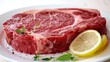 Fresh red raw rib eye beef steak with rosemary leaves. AI generated image