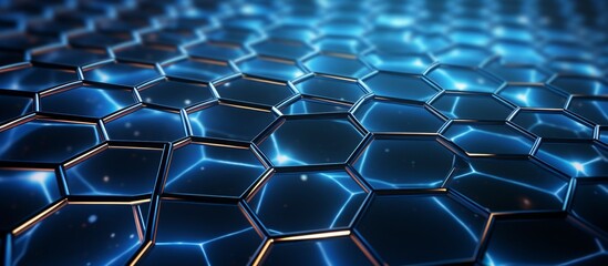 Poster - A close up of an azure hexagon pattern resembling a liquid water droplet on a dark electric blue background, showcasing symmetry and metallike texture