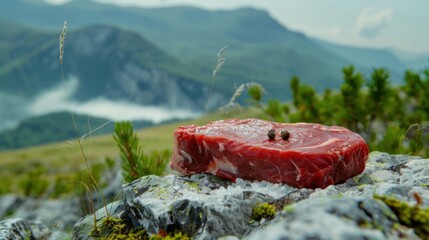 Wall Mural - Raw rib eye beef steak on the nature mountain background. AI generated image