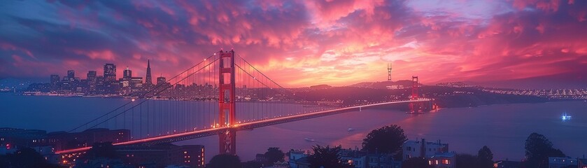 Wall Mural - San Francisco twilight, Golden Gate Bridge, soft light, panoramic for serene background , cinematic