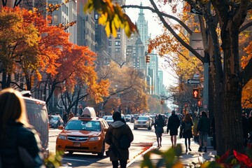 Wall Mural - A bustling city street filled with vehicles stuck in traffic, surrounded by trees displaying autumn colors, with pedestrians walking along the sidewalk