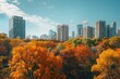 Wideangle view of a city skyline with tall buildings in the background and fall foliage trees in the foreground showing a contrast of urban and natural elements
