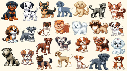 Little dogs, cartoon collection. Vector design. Set of different puppy breeds. AI generated. 