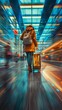 Travel Excitement: Suitcase in Motion Through Vibrant Airport Terminal