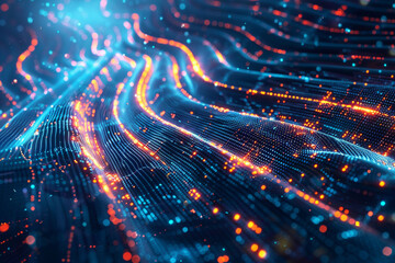 A web of radiant digital lines encapsulated in a matrix with AI algorithms flowing through depicting the brain of futuristic tech