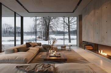 Wall Mural - Modern living room adorned with a large fireplace, a beige sofa, and concrete walls. The floor-to-ceiling windows offer captivating views of a winter landscape