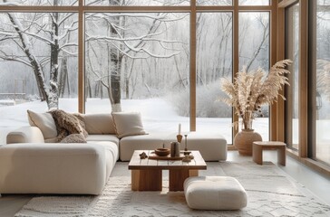 Wall Mural - Modern living room with a large window, a white sofa and a wooden coffee table