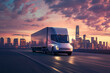 Electric semi truck drives towards a modern city skyline during a vibrant sunset