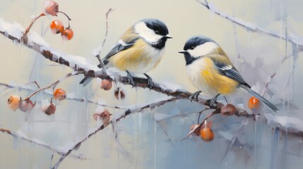 Naklejka na meble A pair of chickadees sit on a snowy branch with red berries.