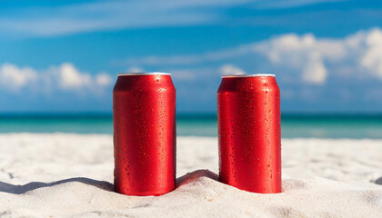 2 red aluminum can with condensation drops on clear white sand at beach. Beer or soda drink package.