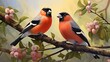 Two red bullfinches sit on a tree branch with pink flowers. The background is foggy, with a lot of flowers and buds. The scene has a warm golden hue.