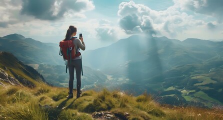 Woman hiking and checking GPS maps location on mountains in adventure, wellness and health with nature and cityscape. Person with backpack and trekking photography on green hill, travel or eco friendl