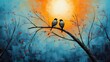 Two starlings sitting on a tree branch on a blue and orange background. The sky is dotted with red dots and there is a yellow sun in the background.