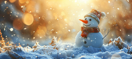 a snowman sitting on a snowy winter background in the s 36408bf6-7787-448b-ac1b-8b603e64a3b1