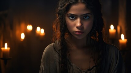 Wall Mural - A young woman with dark hair and a serious expression stands in a dark room lit by candles. Wearing a brown shirt, hair disheveled.