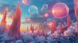 A surreal landscape where colorful, glowing speech bubbles of varying sizes float among towering