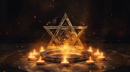Wall Mural - A six-pointed star surrounded by a circle. The star is burning, candles are placed around it. The background is black, sparks fly from the star.