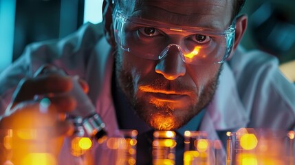 Poster - Science: A scientist in a lab coat, examining a glowing vial of liquid