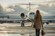 A wealthy woman walking towards her private jet at an airport