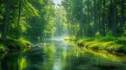 Wall Mural - Tranquil forest scene: river, tall trees, soft sunlight, serene atmosphere.generative ai