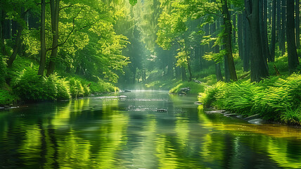 Wall Mural - Tranquil forest scene: river, tall trees, soft sunlight, serene atmosphere.generative ai