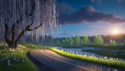 Beautiful nature with flowering willow branches and forest road 5