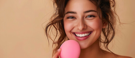 Beauty portrait of a smiling happy young brunette woman making up with a pink beauty sponge on beige background, concept of cosmetic, foundation, make up, beauty, skin care, with empty copy space