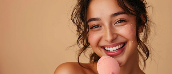 Beauty portrait of a smiling happy young brunette woman making up with a pink beauty sponge on beige background, concept of cosmetic, foundation, make up, beauty, skin care, with empty copy space