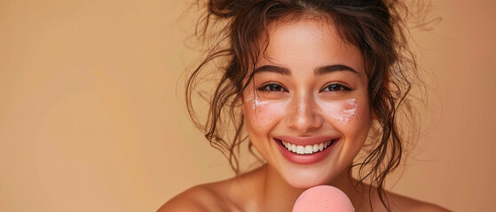 Beauty portrait of a smiling happy young brunette woman making up with a pink beauty sponge on beige background, concept of cosmetic, foundation, make up, beauty, skin care, with empty copy space