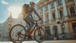 cyclist with a backpack while riding in the city on an exorbitant bike. Man in sportswear and a helmet rides the city square on a bike. Traveling around the city on a bicycle