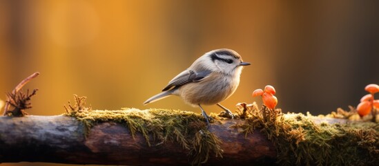 Canvas Print - A small songbird with colorful feathers is perched on a mossy twig, its beak slightly open as it sings a melodic tune. This terrestrial animal is captured in stunning detail through macro photography