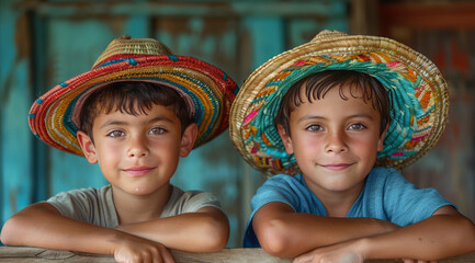 Wall Mural - a couple of children with hats and hands in their pockets on plain color background,generative ai