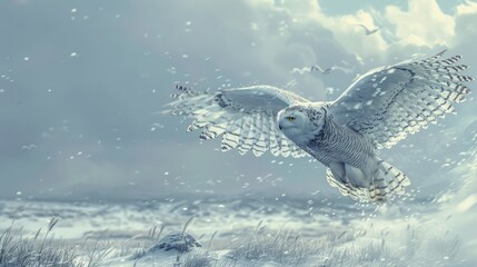 Wall Mural - A white owl is flying through the snow. The sky is cloudy and the snow is falling. The owl is the main focus of the image, and it is in motion, soaring through the air