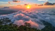 The sky is filled with clouds and the sun is setting. The clouds are white and fluffy, and the sun is orange and low in the sky. The scene is peaceful and serene, with the clouds