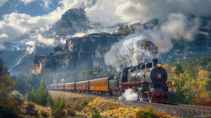 A steam train is traveling down a track through a mountainous landscape. The train is surrounded by trees and mountains, and the steam coming out of the engine creates a sense of motion and energy