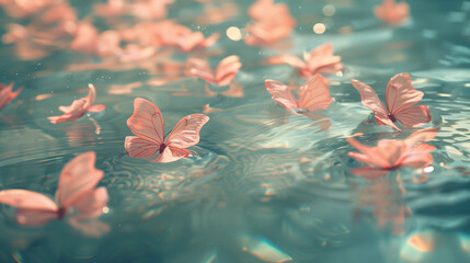 Wall Mural - beautiful pink butterflies in a water