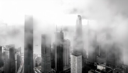 Wall Mural - Misty Metropolis: Black and White Photo Capturing City Skyline Shrouded in Fog