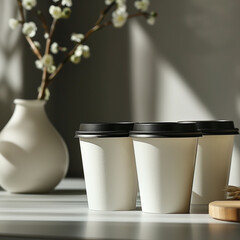 Wall Mural - white paper cups with black covers  on wooden table in cafe