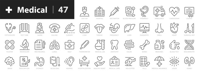 Medecine line icons set. Medical and Health outline 47 icons collection. Doctor, medical card, diagnostic, pharmacy, ambulance, internal organs, sense organs, cardiogram - stock vector.