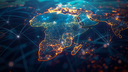 digital connectivity network map of africa. an intricate digital map of africa glowing with connecti