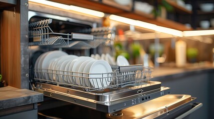 A kitchen appliance, dishwasher, filled with plates and silverware in a house