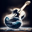 A surreal double exposure portrays a woman with a flowing hair and dress merging into the shape of a guitar amidst an ocean wave