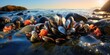 A bunch of clams sitting on top of a rocky beach. Generative AI.