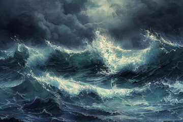 Wall Mural - A painting of a stormy ocean with a large wave crashing