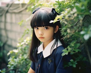 Poster - A young girl with long black hair and a blue shirt. Generative AI.